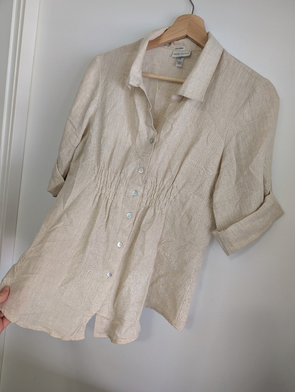 Harve Benard Small Linen Blouse Button Down 3/4 Shirt Cream Collar Top Boho